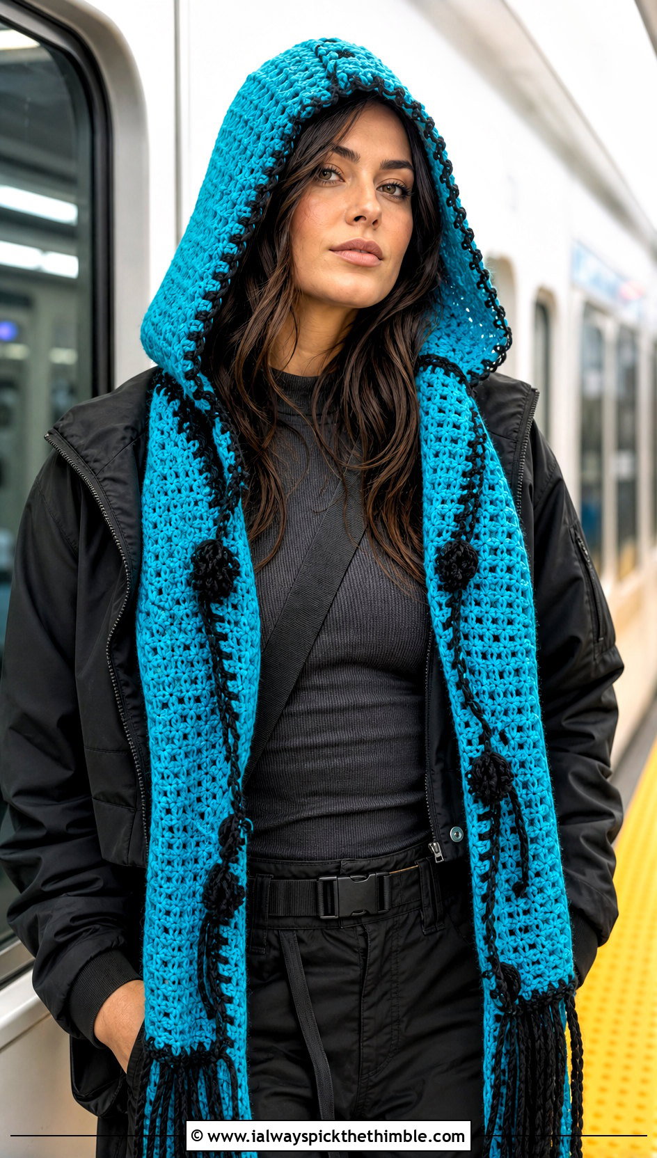 Wednesday Crochet Scoodie With Technical Jacket - 20 Wednesday Crochet Scarf outfit ideas