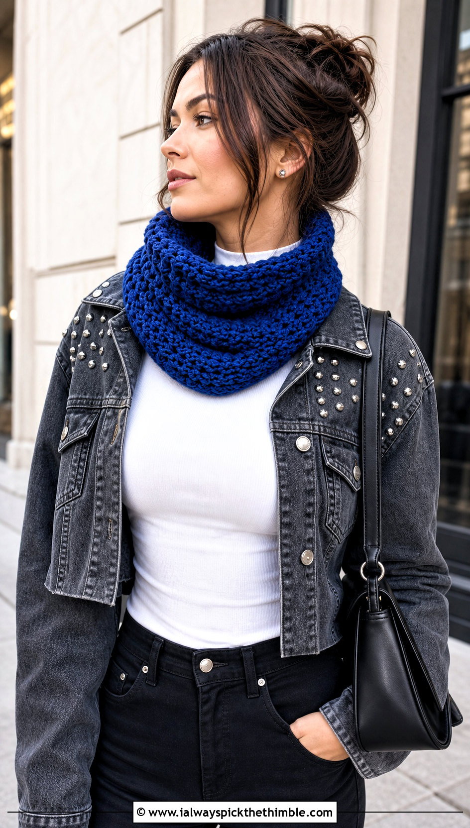 Wednesday Crochet Snood With Black Denim - 20 Wednesday Crochet Scarf outfit ideas