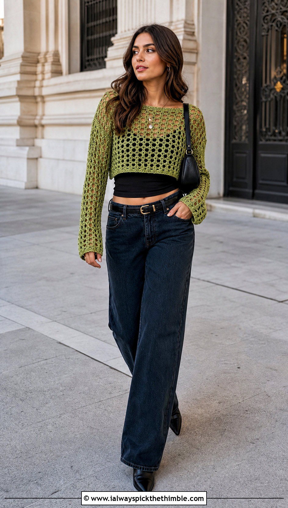 Wednesday Cropped Mesh Crochet Sweater With Wide Leg Jeans - 15 Wednesday Crochet Sweater outfit ideas