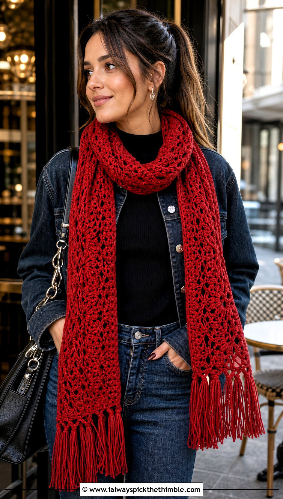 Wednesday Fringed Crochet Scarf With Double Denim - 20 Wednesday Crochet Scarf outfit ideas
