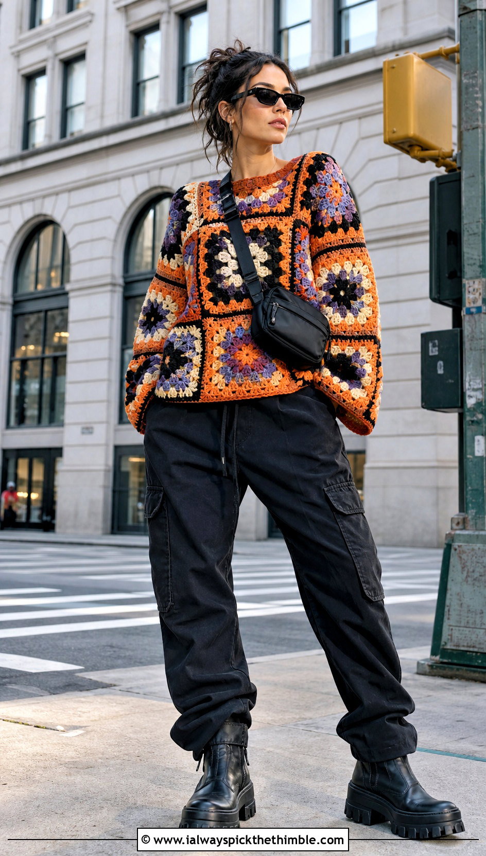 Wednesday Granny Square Crochet Pullover With Cargo Pants - 15 Wednesday Crochet Sweater outfit ideas