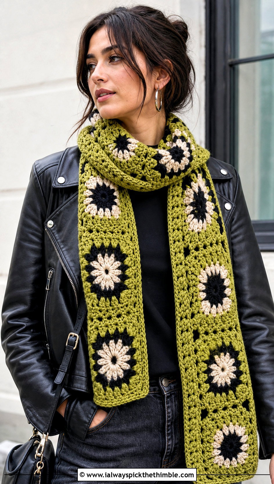 Wednesday Granny Square Crochet Scarf With Leather Jacket - 20 Wednesday Crochet Scarf outfit ideas