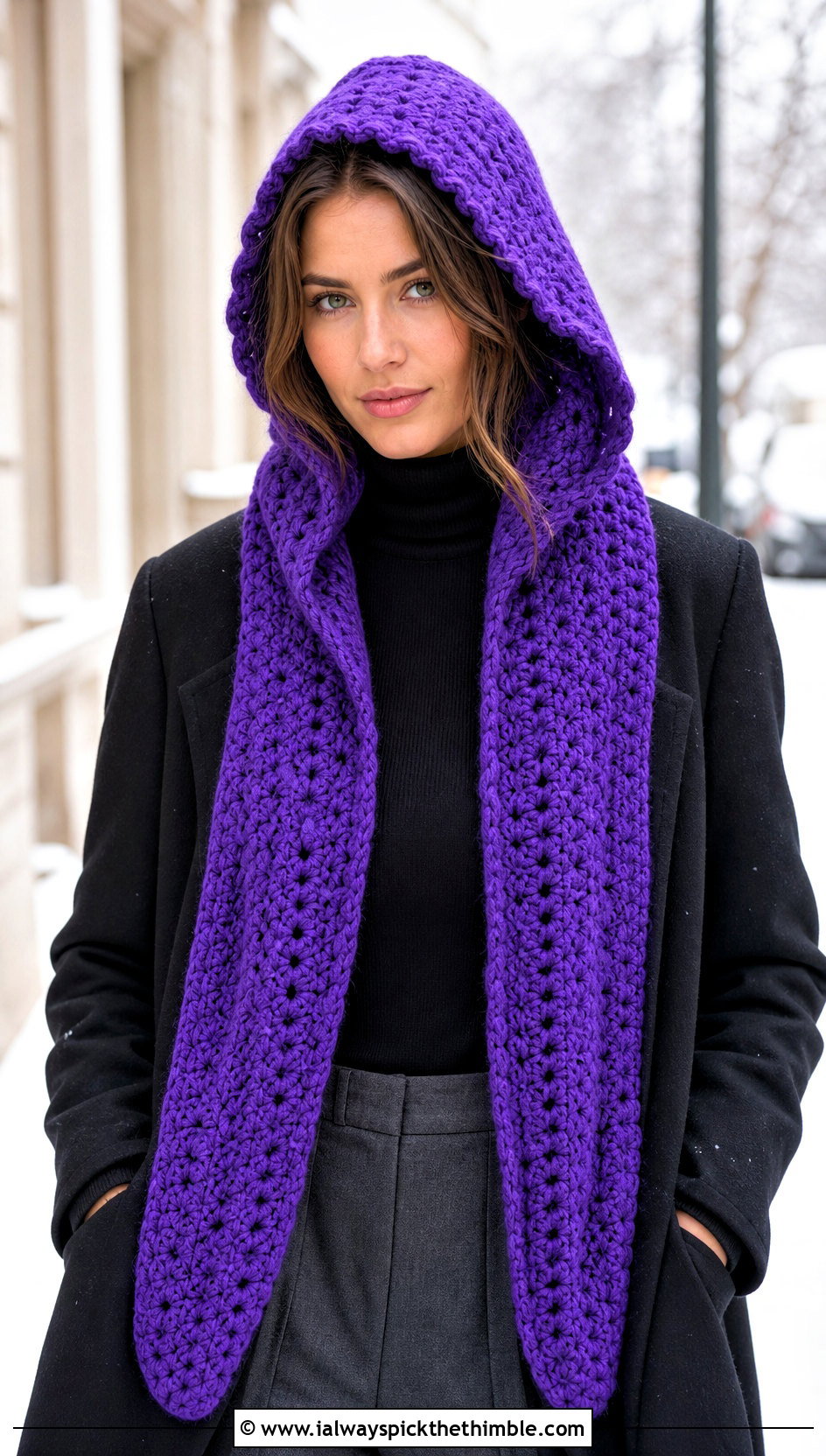 Wednesday Hooded Crochet Scarf With Wool Coat - 20 Wednesday Crochet Scarf outfit ideas