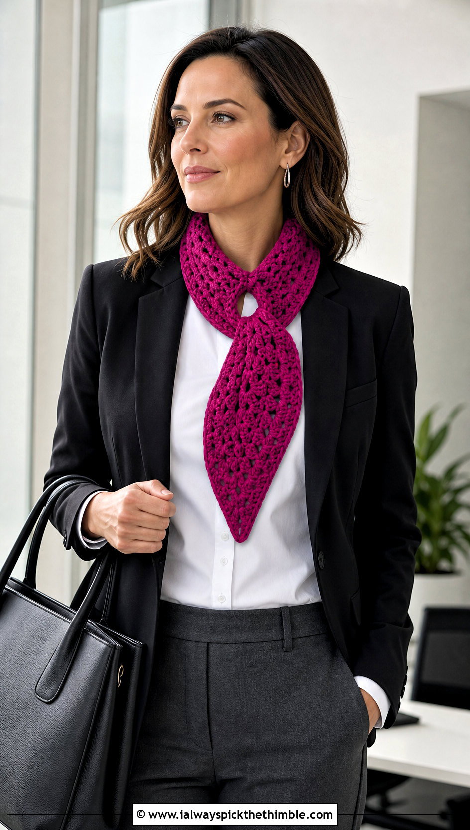 Wednesday Keyhole Crochet Scarf With Blazer And Trousers - 20 Wednesday Crochet Scarf outfit ideas