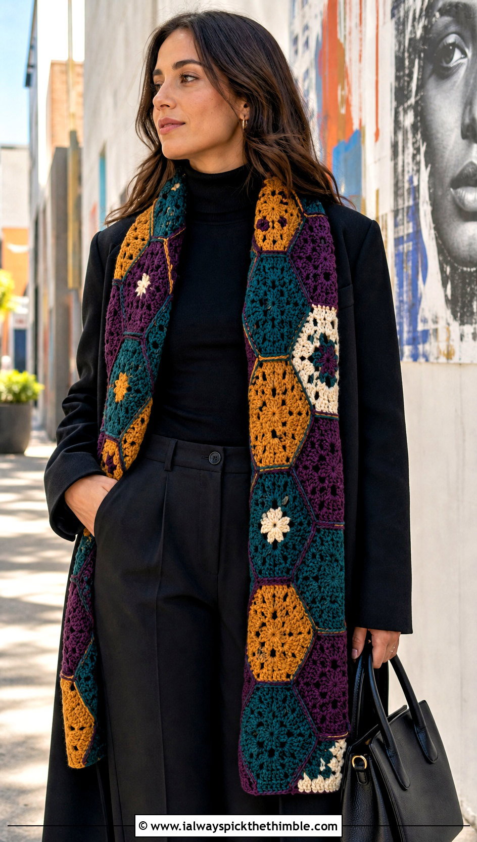 Wednesday Patchwork Crochet Scarf With Monochrome Outfit - 20 Wednesday Crochet Scarf outfit ideas