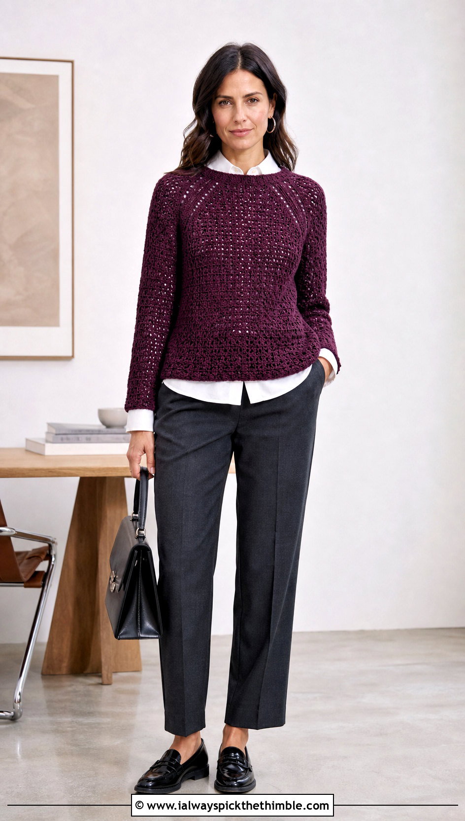Wednesday Raglan Crochet Sweater With Tailored Trousers - 15 Wednesday Crochet Sweater outfit ideas