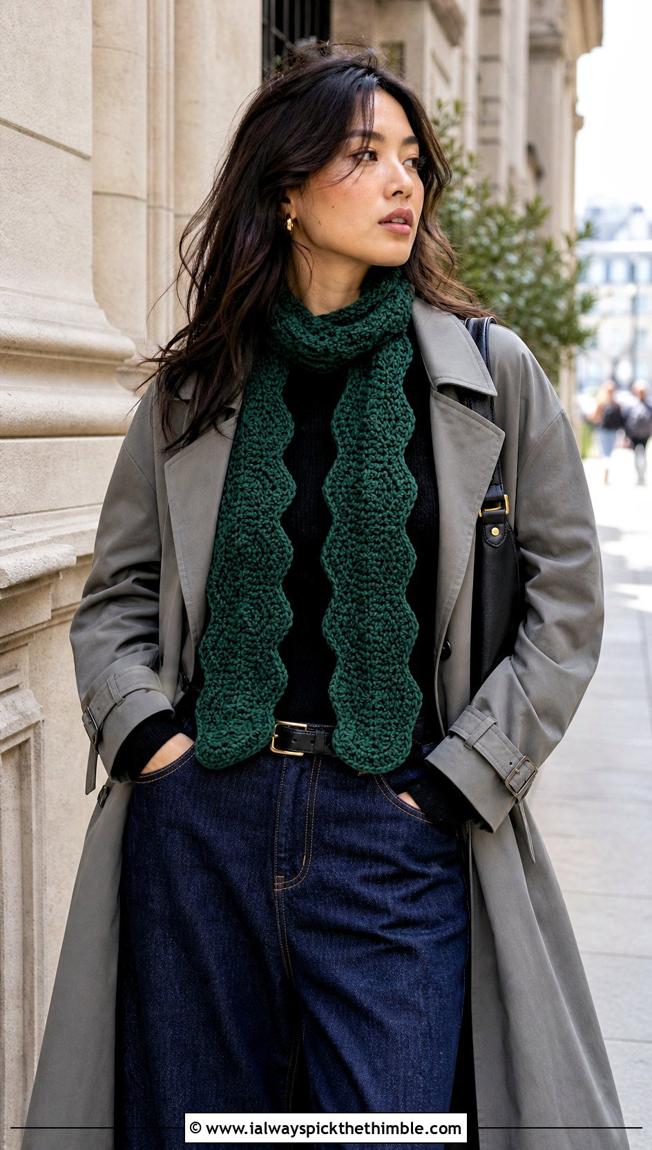 Wednesday Ripple Crochet Scarf With Trench Coat - 20 Wednesday Crochet Scarf outfit ideas