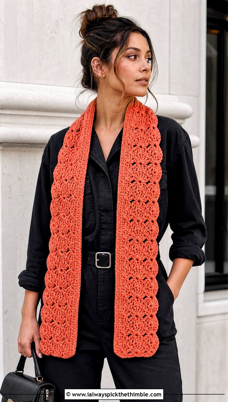 Wednesday Shell Stitch Crochet Scarf With Utility Jumpsuit - 20 Wednesday Crochet Scarf outfit ideas