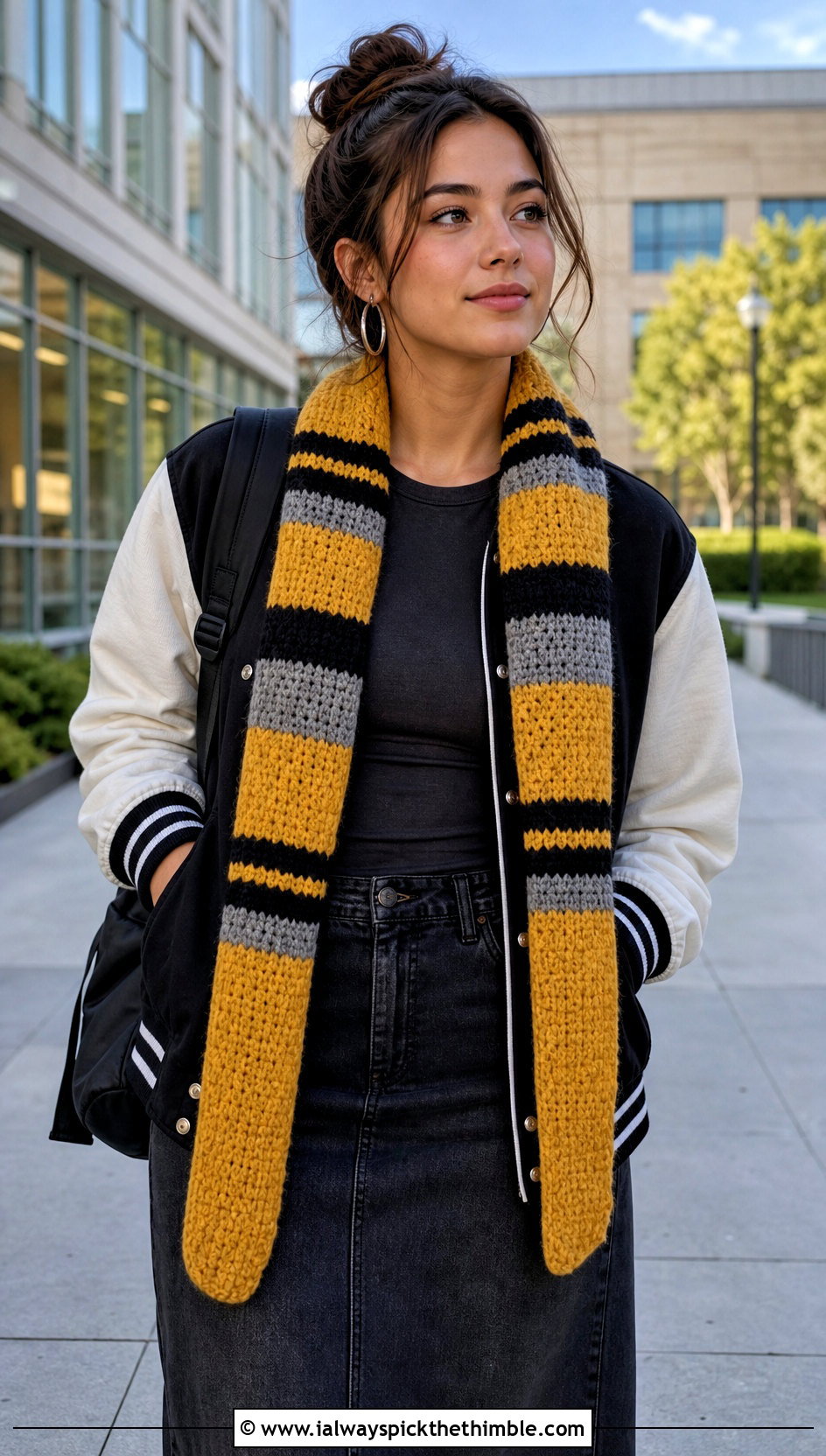 Wednesday Striped Crochet Scarf With Varsity Jacket - 20 Wednesday Crochet Scarf outfit ideas