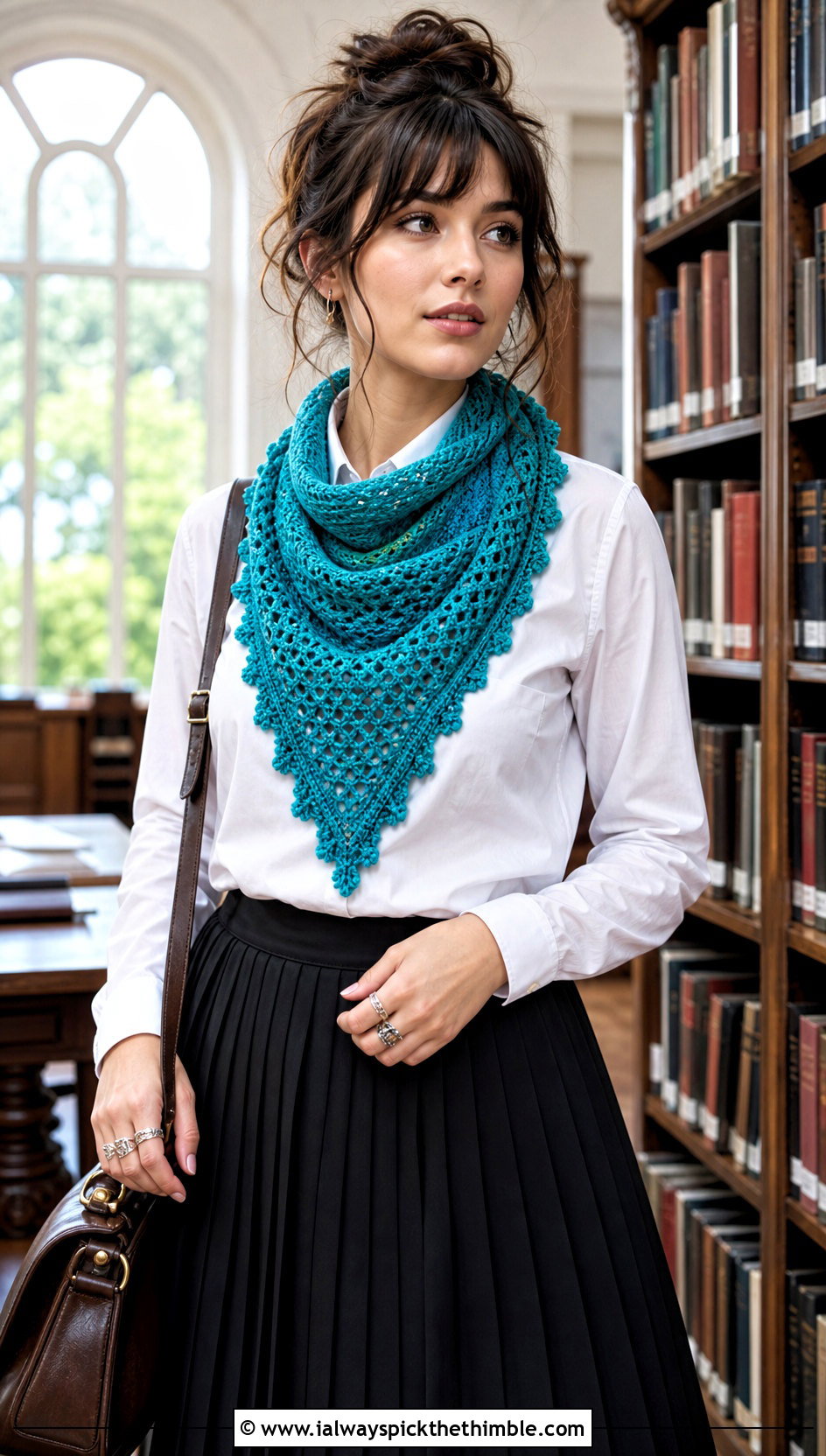 Wednesday Triangle Crochet Scarf With Pleated Skirt - 20 Wednesday Crochet Scarf outfit ideas
