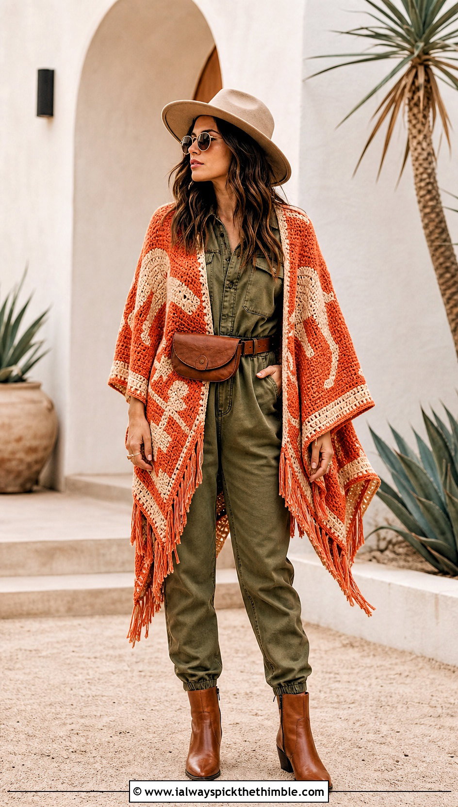 Western Motif Crochet Clint Eastwood Poncho With Utility Jumpsuit - 15 Crochet Clint Eastwood Poncho outfit ideas