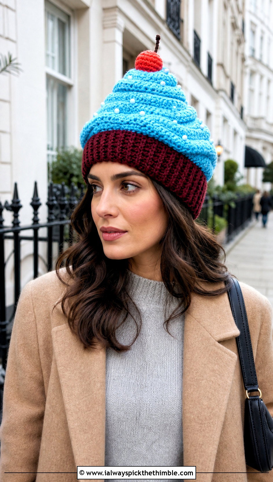 Whipped Cream Crochet Cupcake Beanie With Wool Coat - 15 Crochet Cupcake Beanie outfit ideas