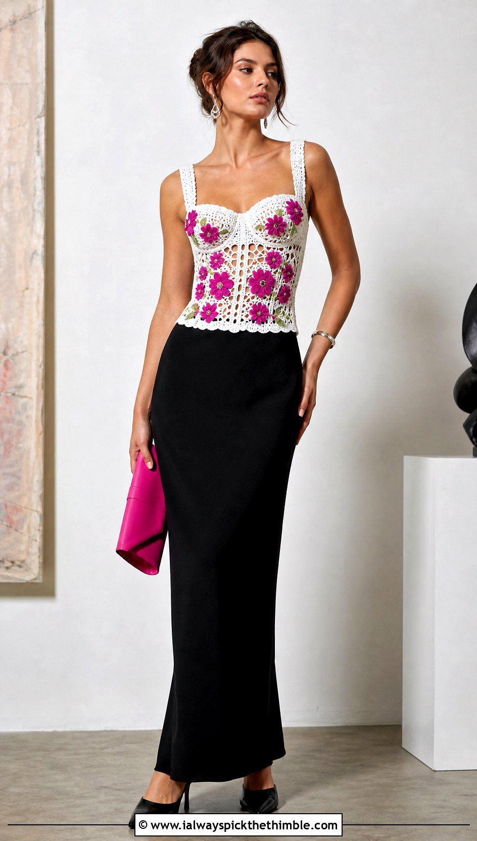 White And Pink Crochet Corset Top With Black Maxi Skirt - 20 white and pink crochet top outfit ideas