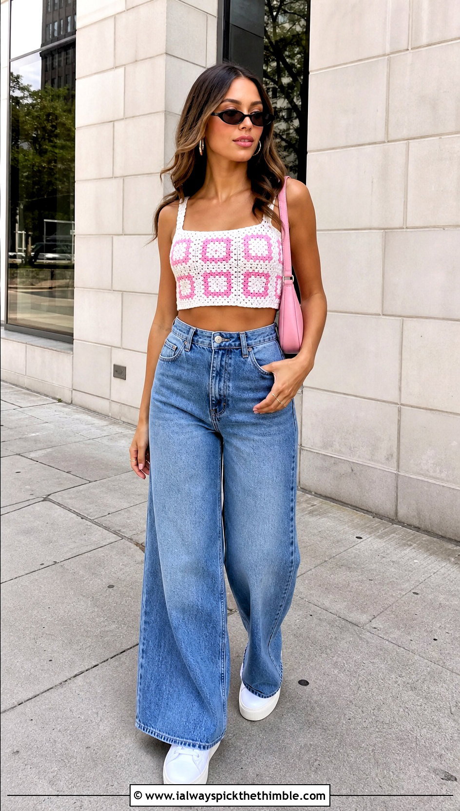 White And Pink Granny Square Crop Top With Wide Leg Jeans - 20 white and pink crochet top outfit ideas