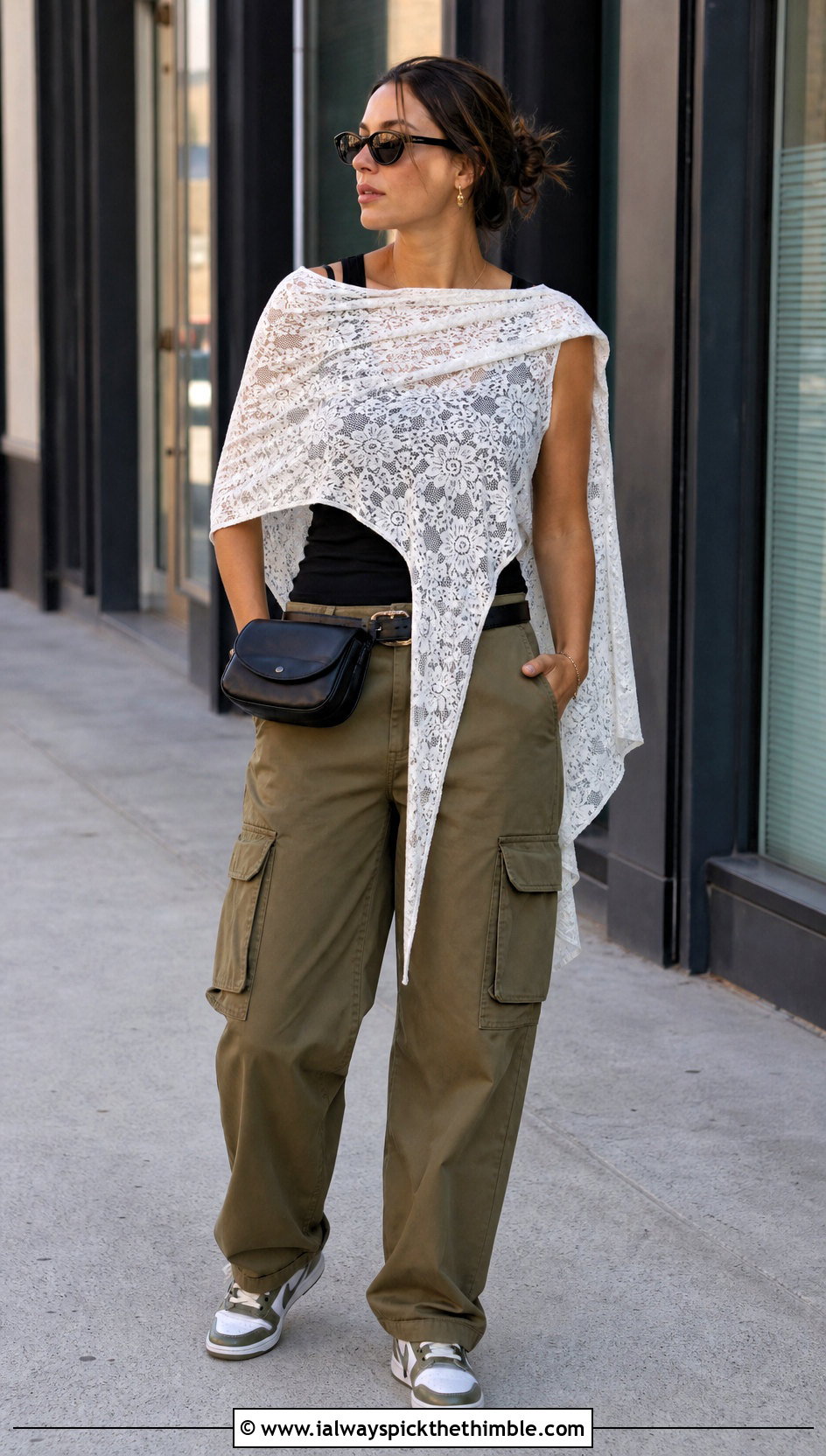 White Asymmetrical Lace Shawl With Cargo Pants - 15 White Crocheted Shawl With Intricate outfit ideas