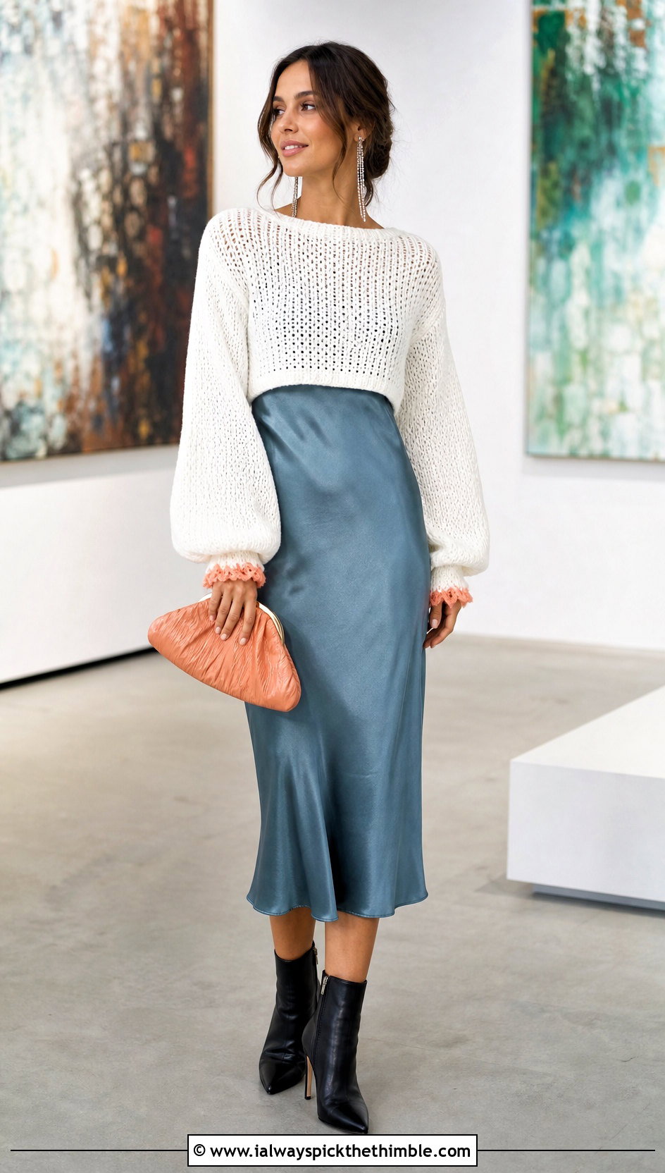 White Balloon Sleeve Crochet Sweater With Slip Dress - 25 white crochet sweater outfit ideas