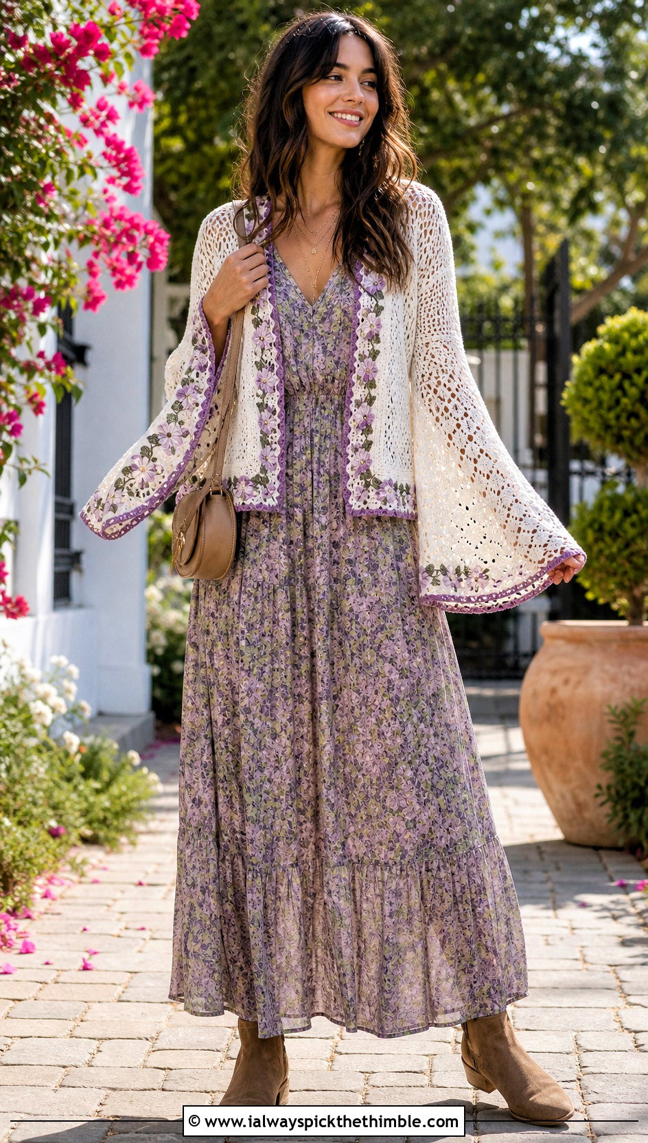 White Bell Sleeve Crochet Cardigan With Floral Maxi Dress - 25 White Crochet Cardigan Outfit ideas