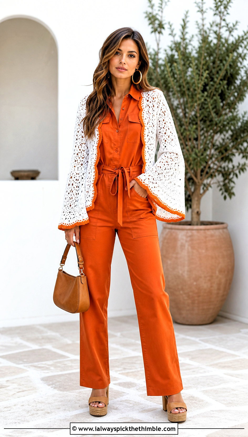 White Bell Sleeve Crochet Cardigan With Utility Jumpsuit - 25 crochet white cardigan outfit ideas