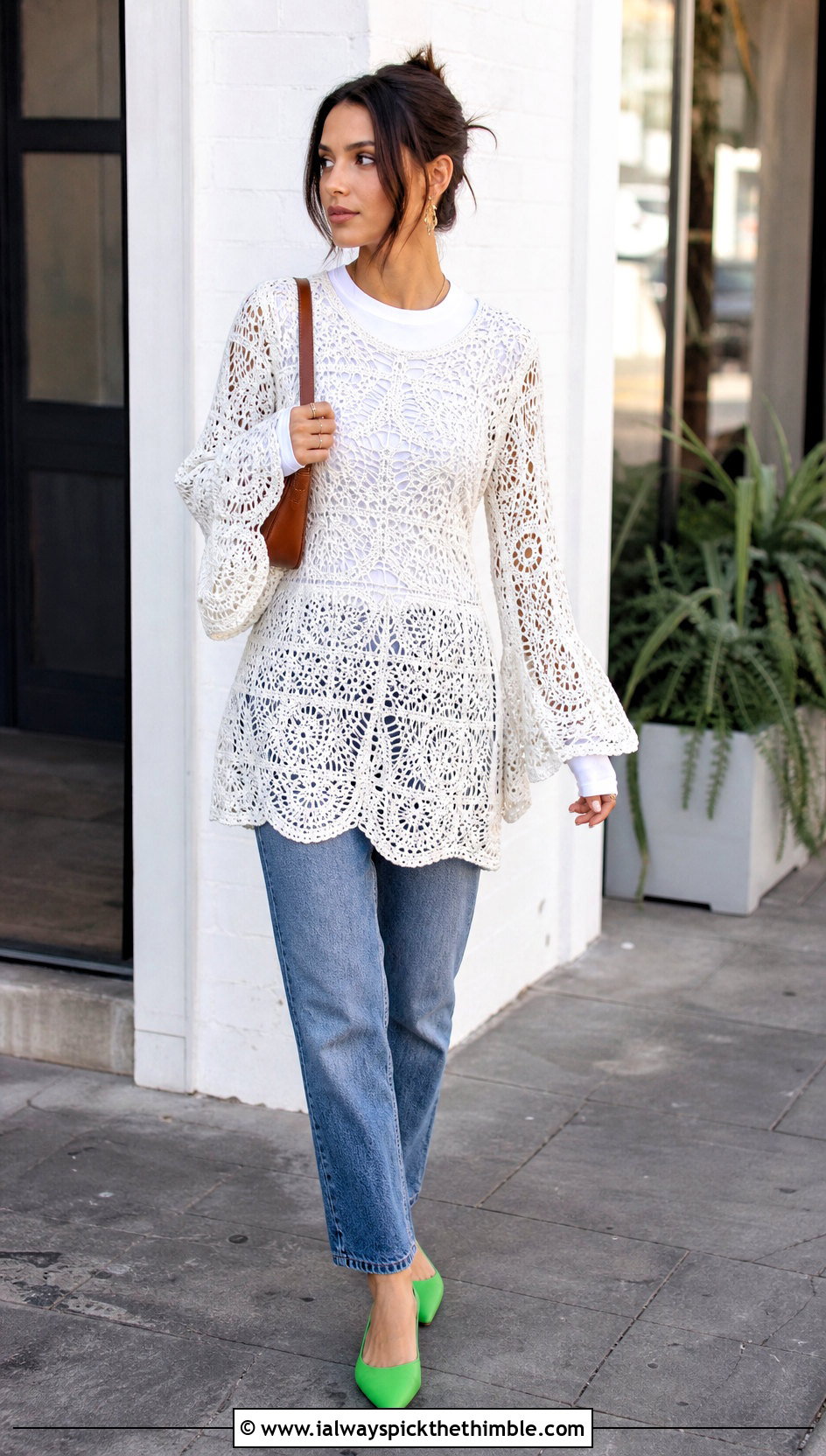 White Bell Sleeve Crochet Mini Dress Over Jeans - 25 white crochet dress outfit ideas