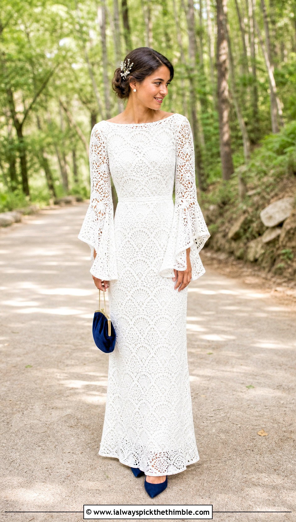 White Bell Sleeve Crochet Wedding Dress - 20 white crochet wedding dress outfit ideas