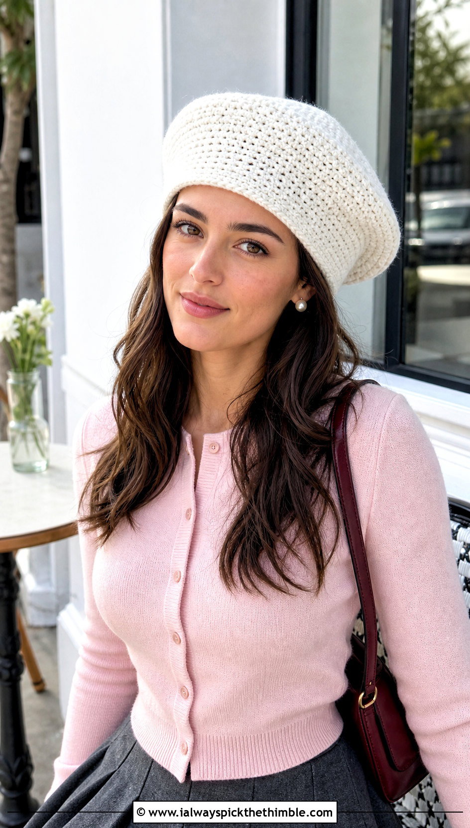 White Beret Beanie Crochet Hat With Cardigan And Pleated Skirt - 25 white crochet beanie outfit ideas