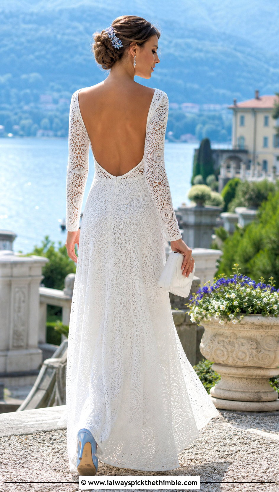 White Boat Neck Backless Crochet Wedding Dress - 20 white crochet wedding dress outfit ideas