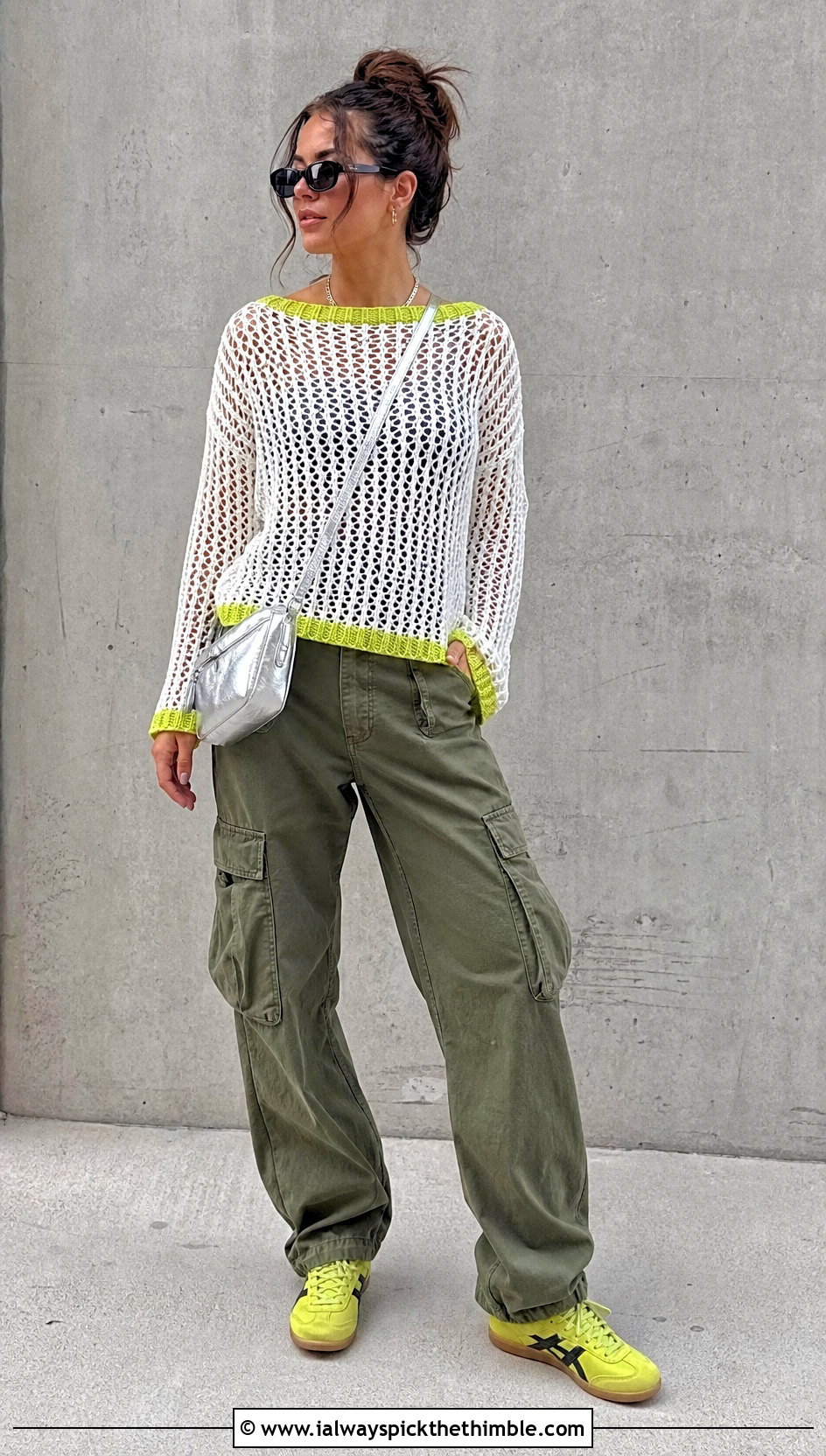 White Boat Neck Mesh Crochet Sweater With Cargo Pants - 25 crochet white sweater outfit ideas