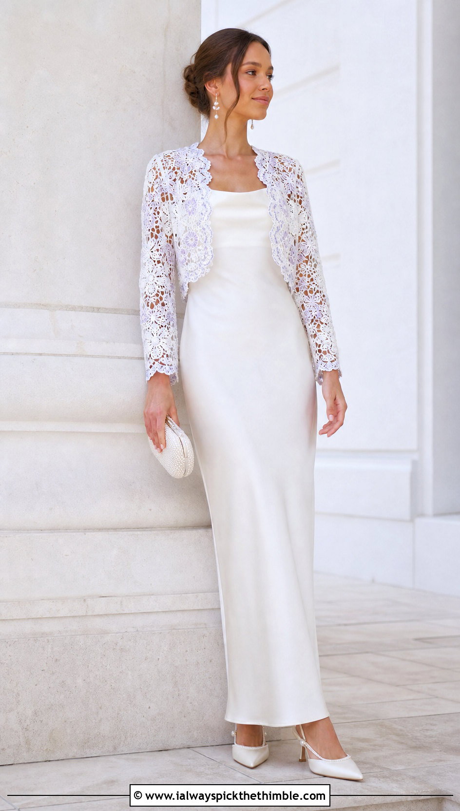 White Bridal Lace Crochet Bolero With Column Gown - 20 White Crochet Shrug outfit ideas