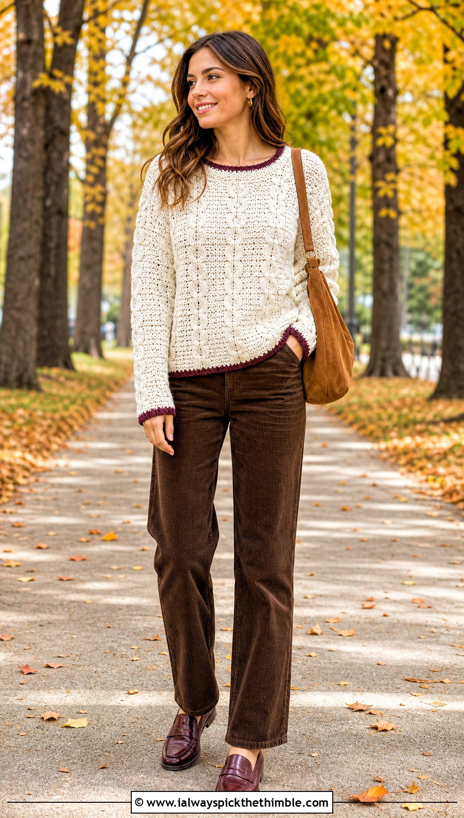 White Cable Look Crochet Sweater With Corduroy Pants - 25 crochet white sweater outfit ideas