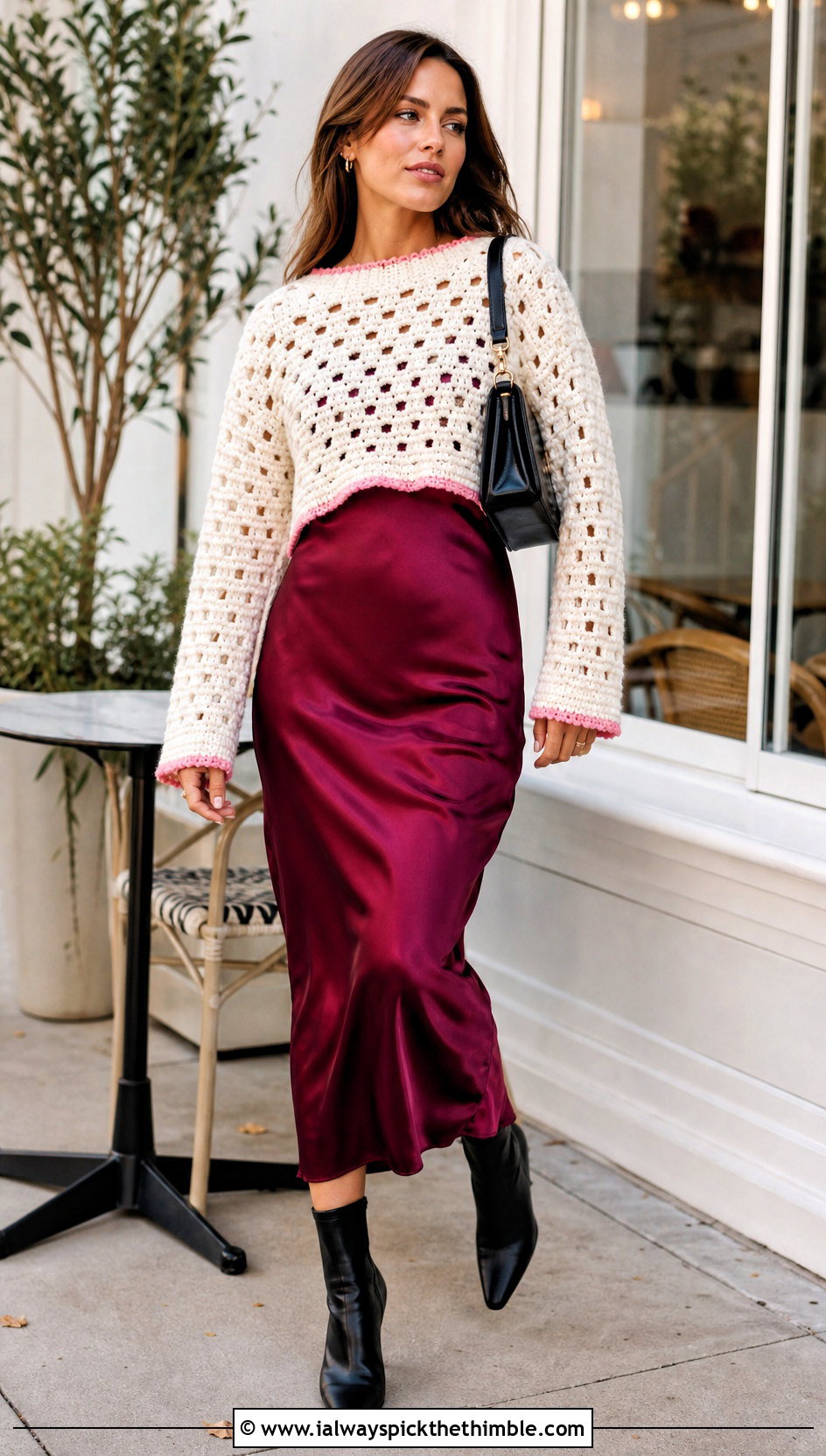 White Chunky Crochet Sweater With Satin Slip Dress - 25 White Crochet Outfit ideas
