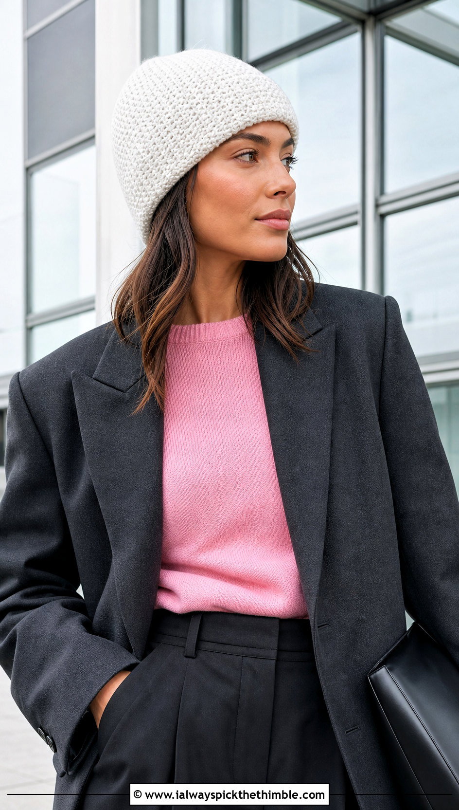 White Classic Fitted Crochet Beanie With Blazer And Trousers - 25 white crochet beanie outfit ideas