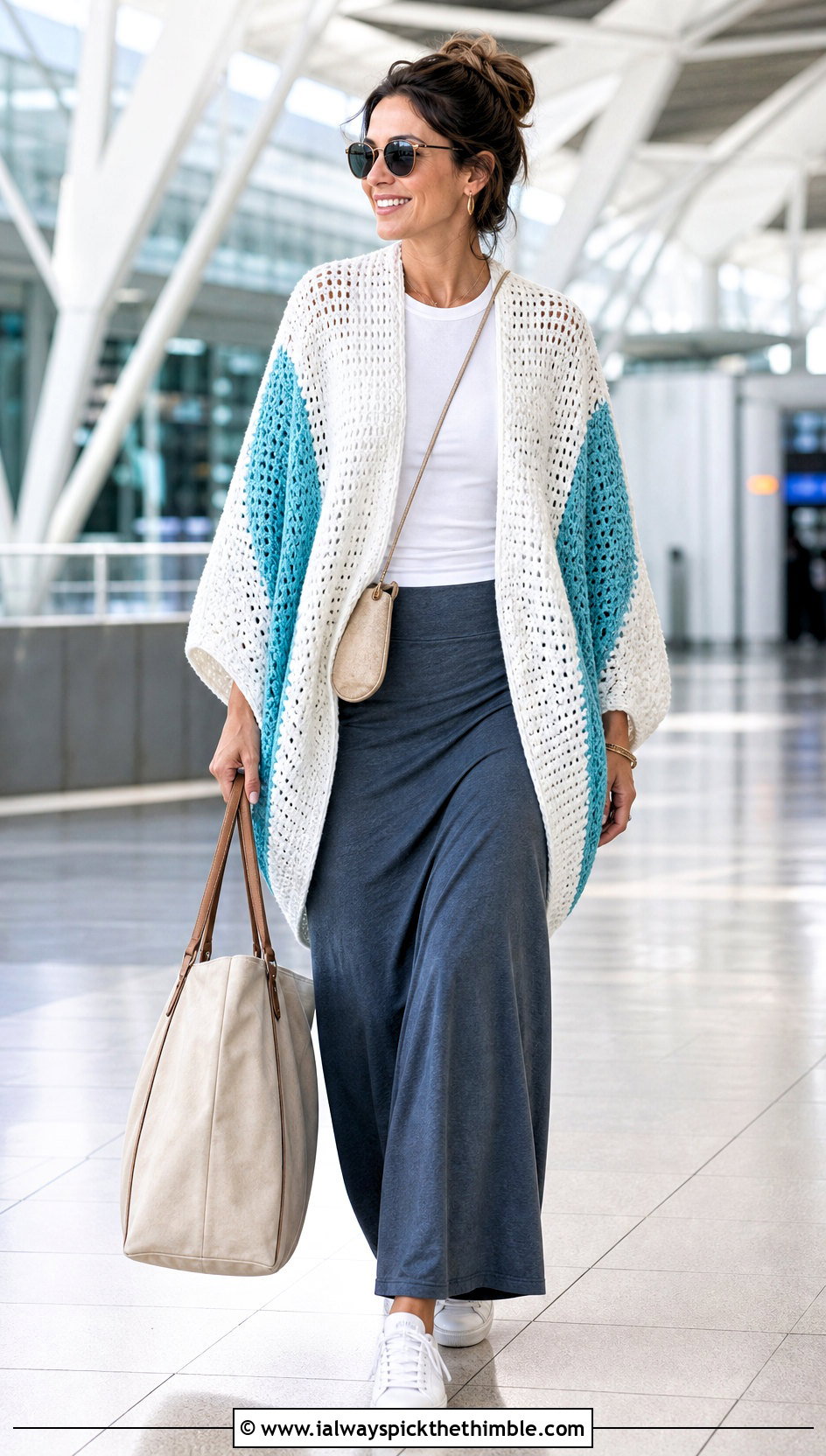White Cocoon Crochet Cardigan With Jersey Maxi Skirt - 25 White Crochet Cardigan Outfit ideas