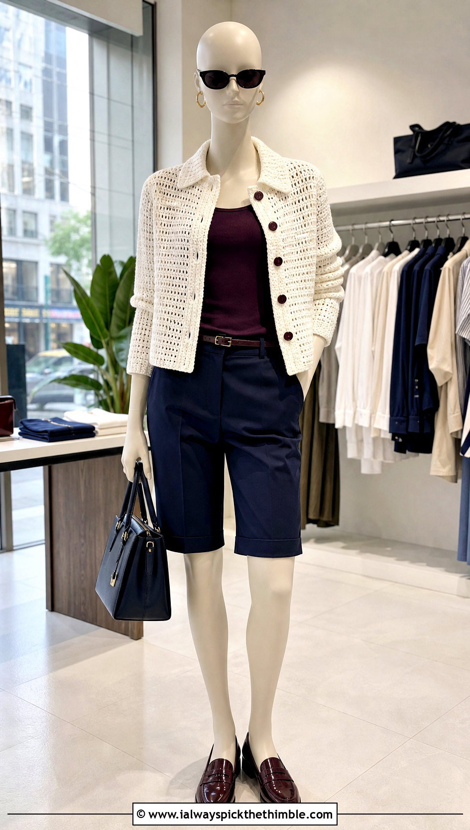 White Collared Crochet Cardigan With Bermuda Shorts - 15 White Crochet Cardigan On Mannequin outfit ideas