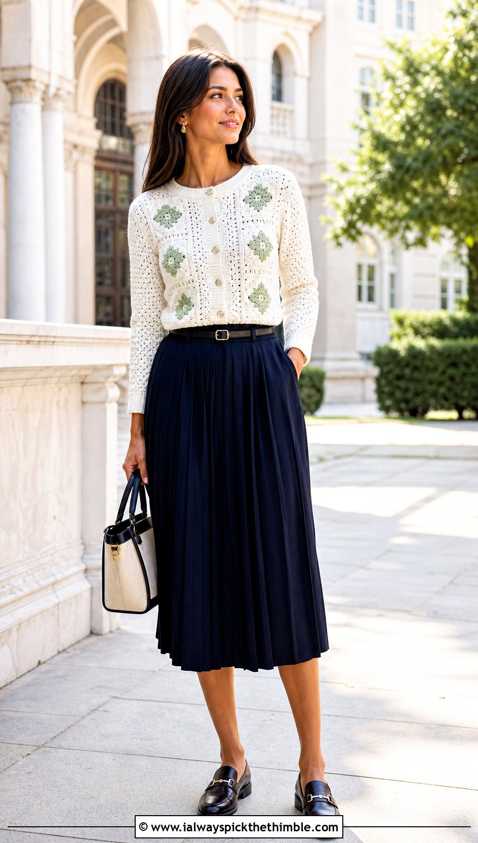 White Crew Neck Crochet Cardigan With Pleated Midi Skirt - 25 White Crochet Cardigan Outfit ideas