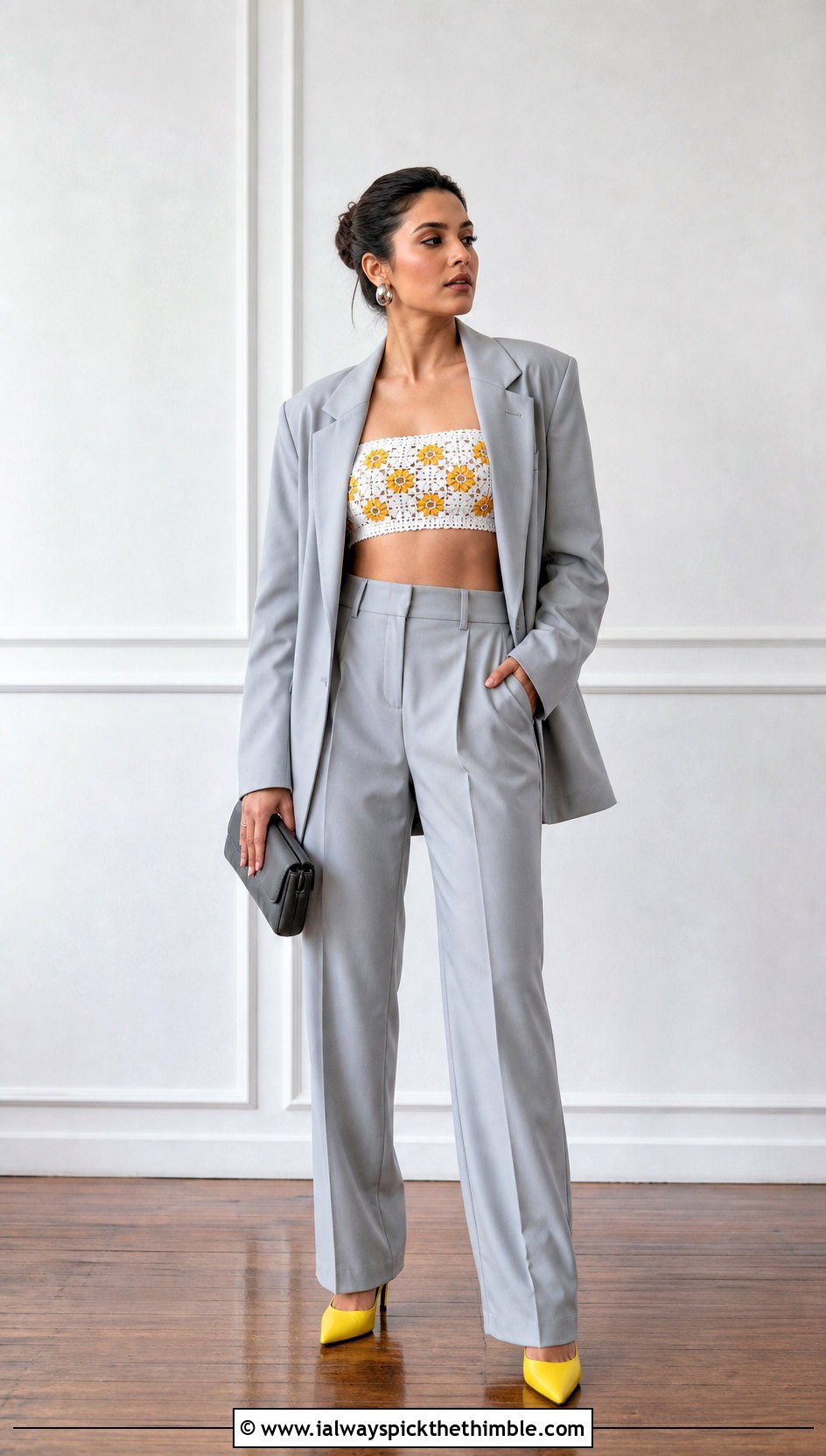 White Crochet Bandeau Top With Oversized Suit - 15 white crochet top on wooden floor outfit ideas