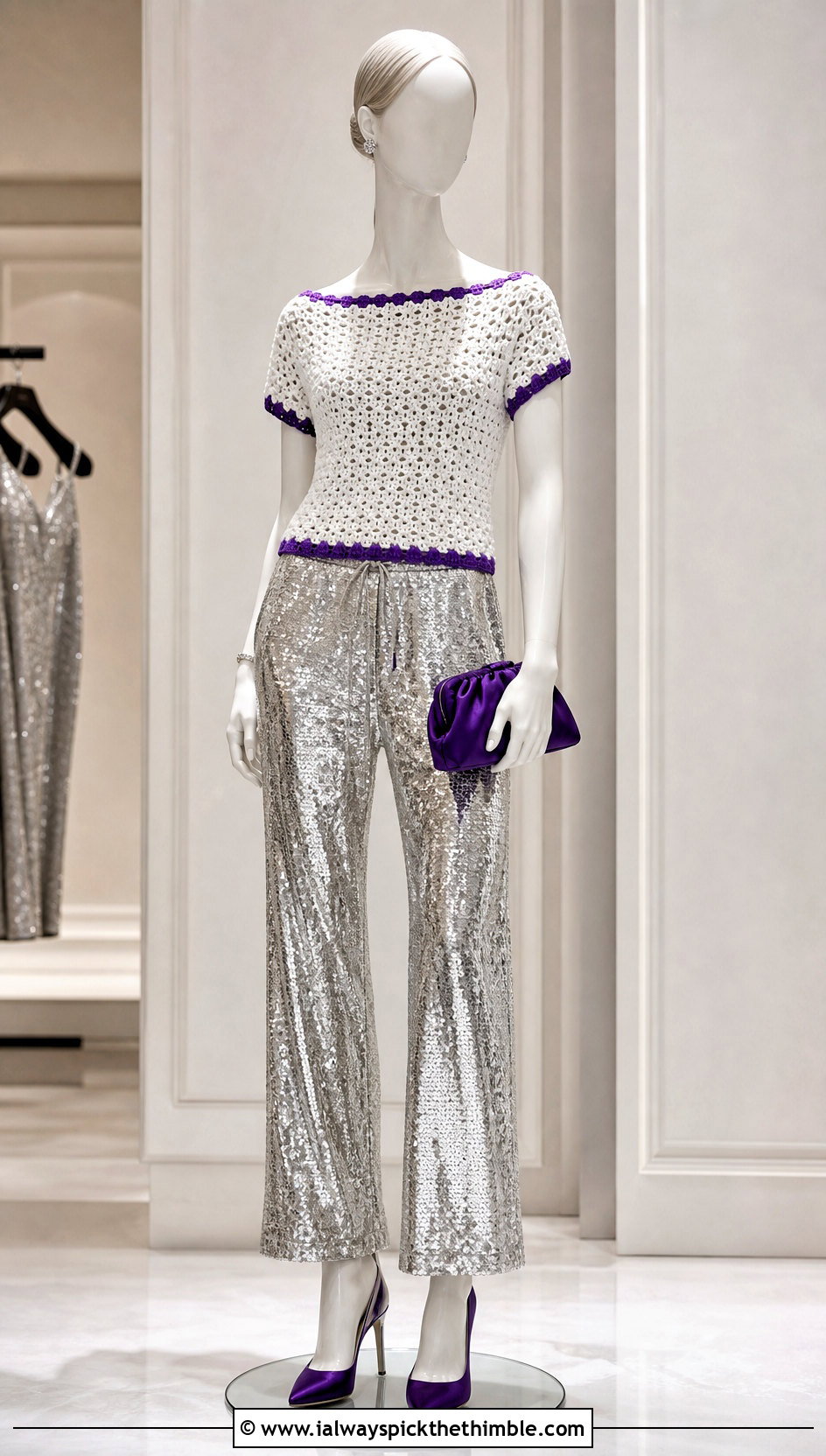 White Crochet Boat Neck Top With Sequin Trousers - 15 white crochet top on mannequin outfit ideas