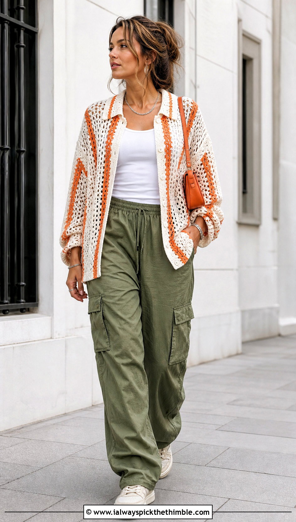 White Crochet Button Down Shirt With Cargo Pants - 15 summer white crochet outfit ideas