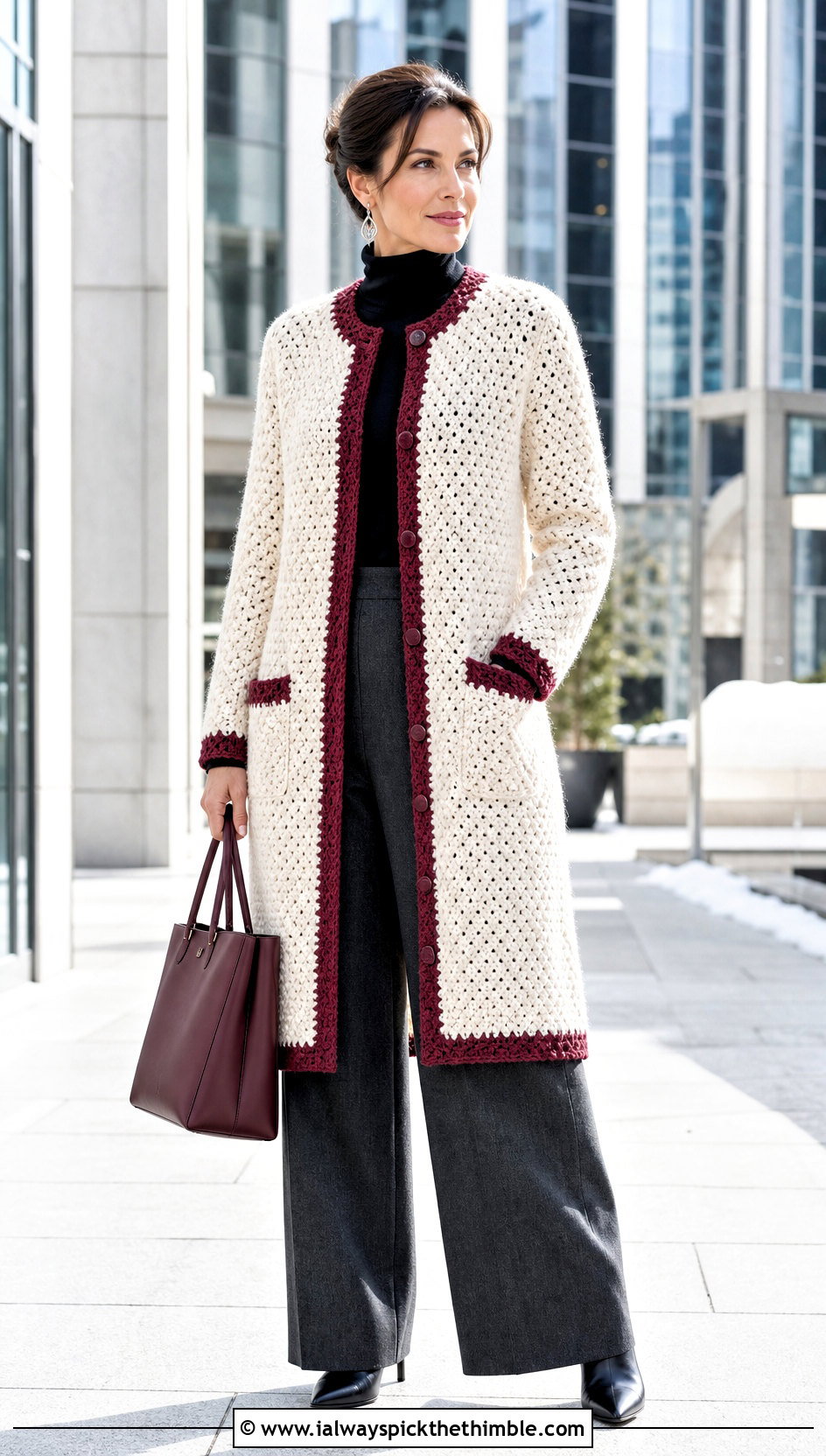 White Crochet Coatigan With Turtleneck And Trousers - 15 white crocheted cardigan on table outfit ideas