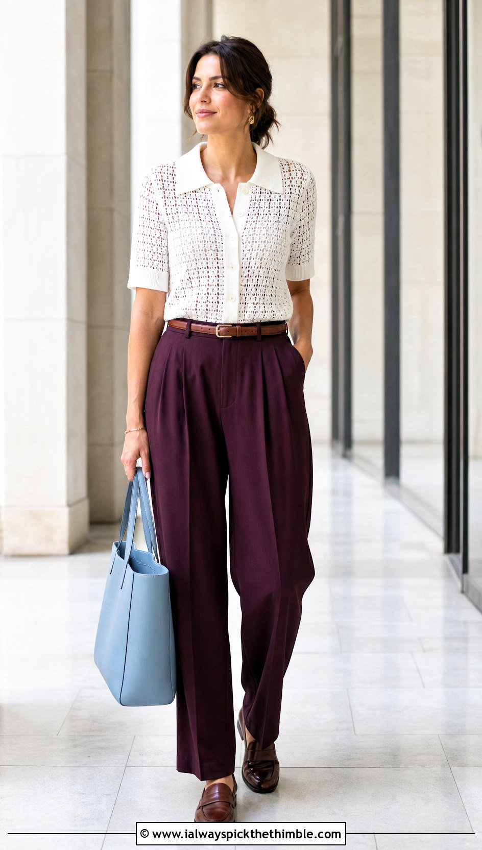 White Crochet Collared Top With Pleated Trousers - 25 white crochet top outfit ideas