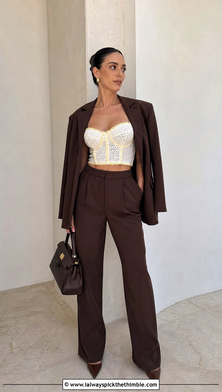 White Crochet Corset Crop Top With Tailored Trousers - 20 white crochet crop top outfit ideas