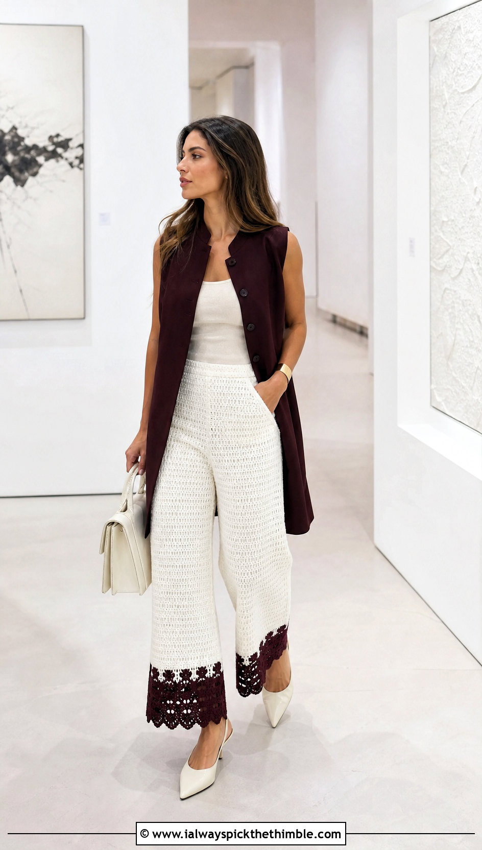 White Crochet Culotte Trousers With Longline Waistcoat - 20 White Crochet Trousers outfit ideas