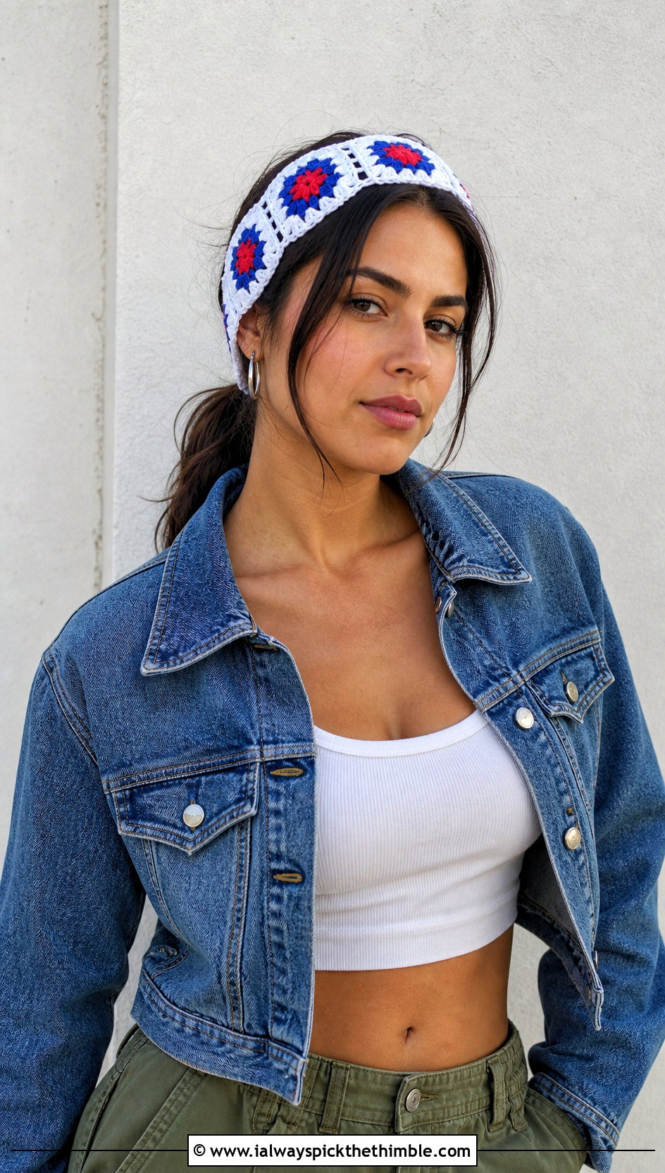 White Crochet Granny Square Headband With Denim Jacket And Cargo Pants - 25 white crochet headband outfit ideas