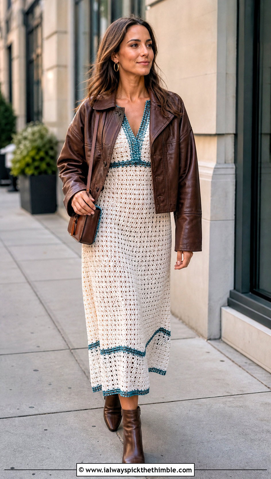 White Crochet Midi Dress With Leather Jacket - 25 White Crochet Outfit ideas