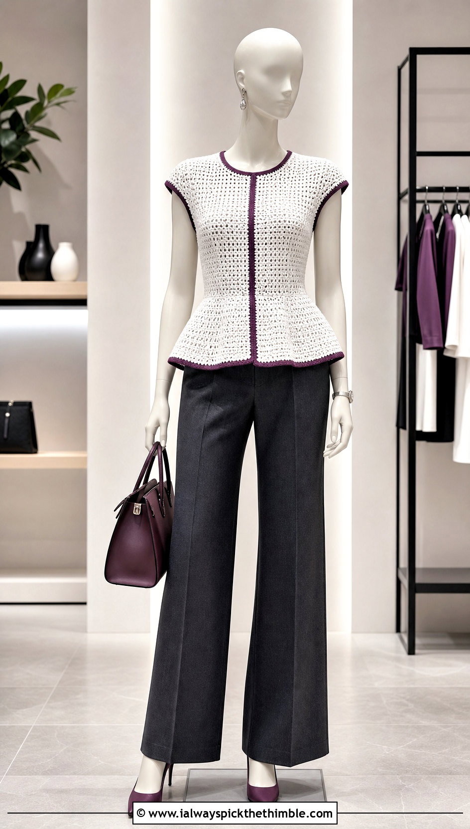White Crochet Peplum Top With Tailored Trousers - 15 white crochet top on mannequin outfit ideas