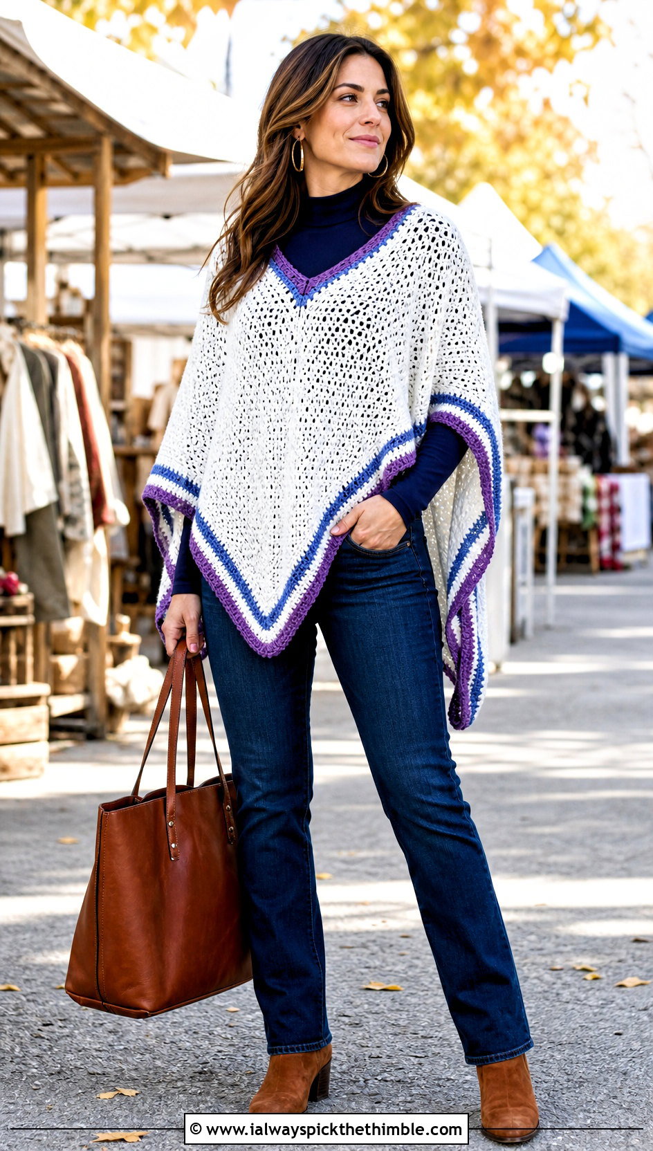 White Crochet Poncho With Straight Leg Jeans - 25 White Crochet Outfit ideas