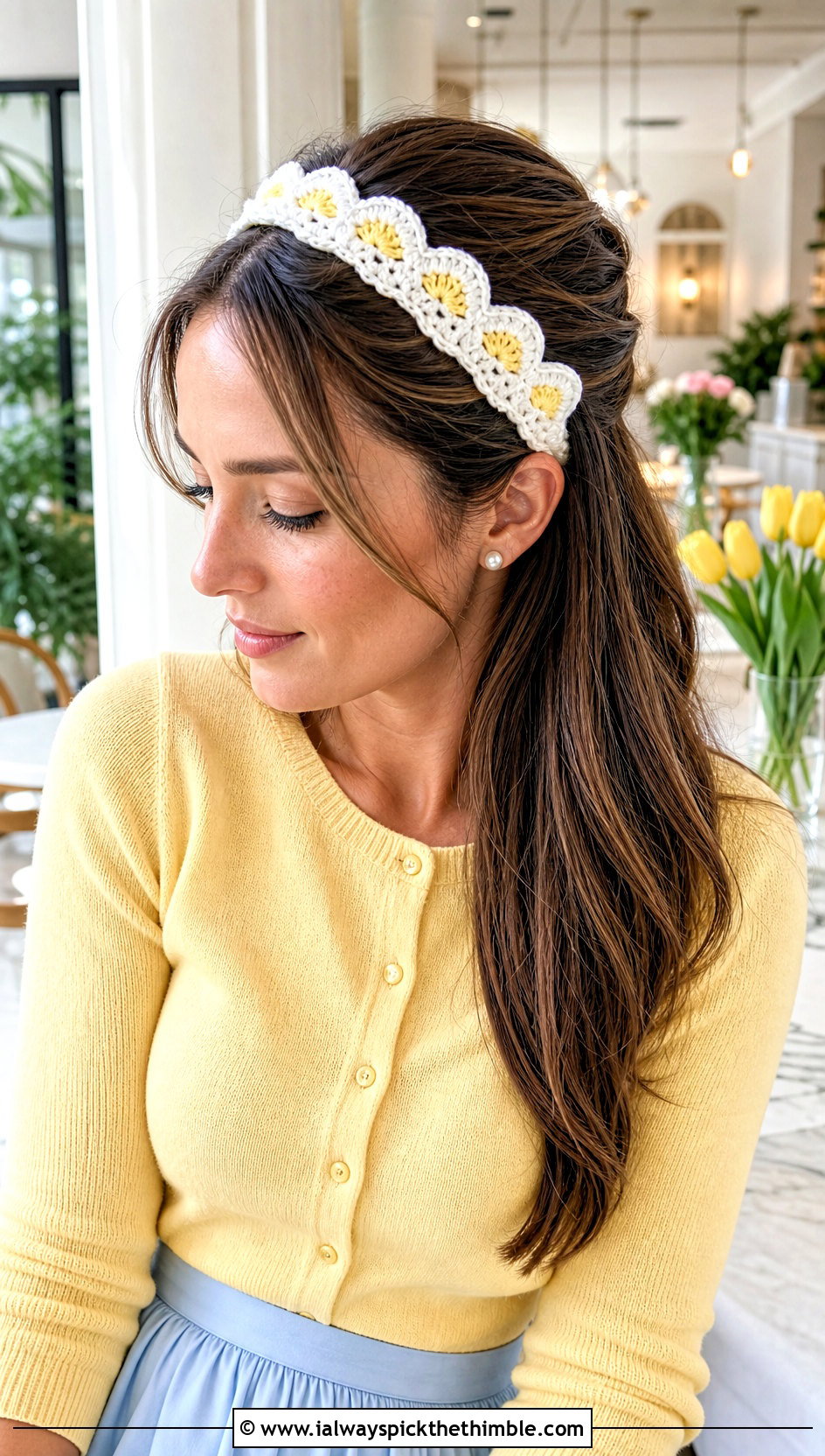 White Crochet Scalloped Headband With Cardigan And Midi Skirt - 25 white crochet headband outfit ideas