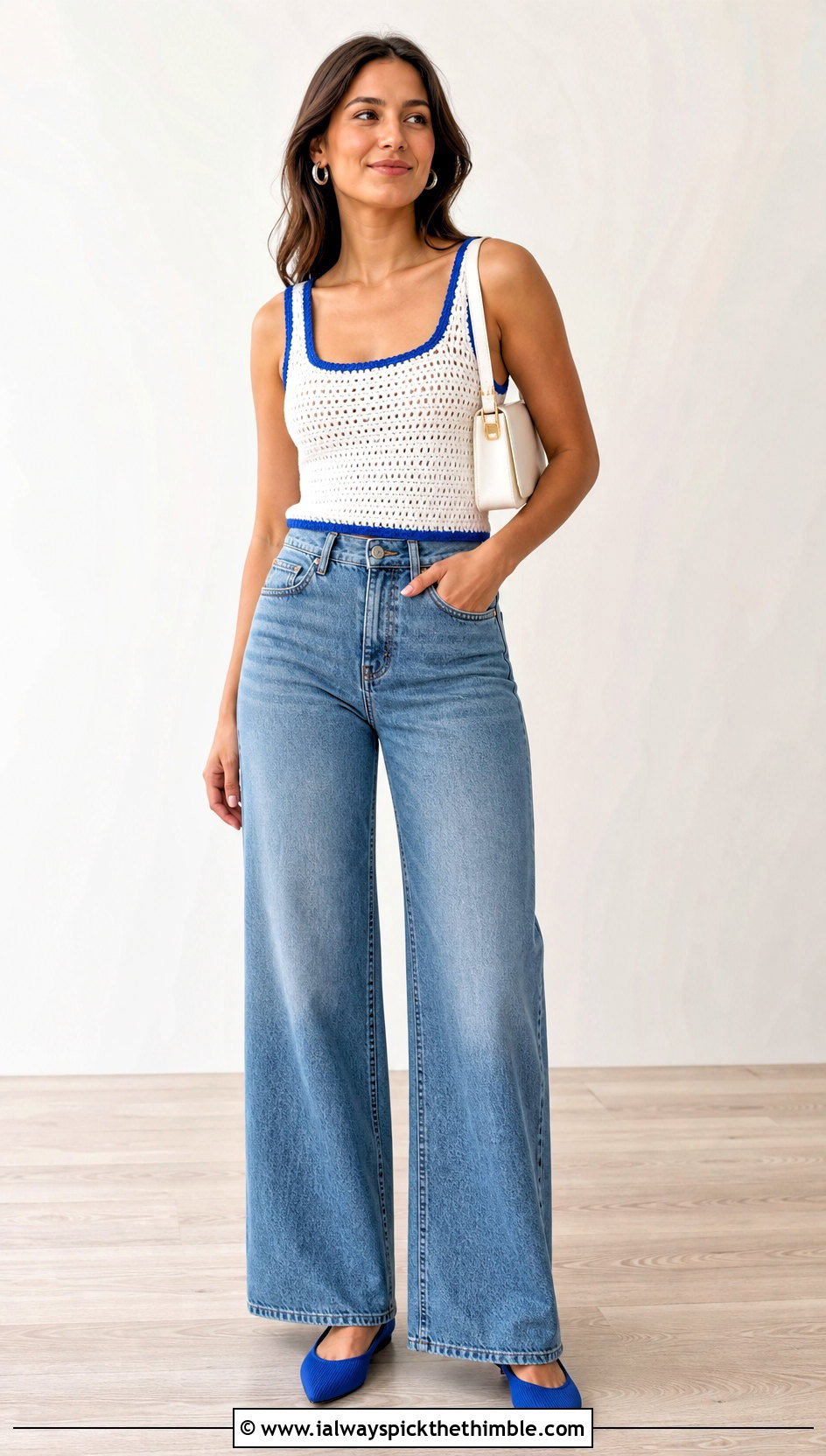 White Crochet Tank Top With Wide Leg Jeans - 15 white crochet top on wooden floor outfit ideas