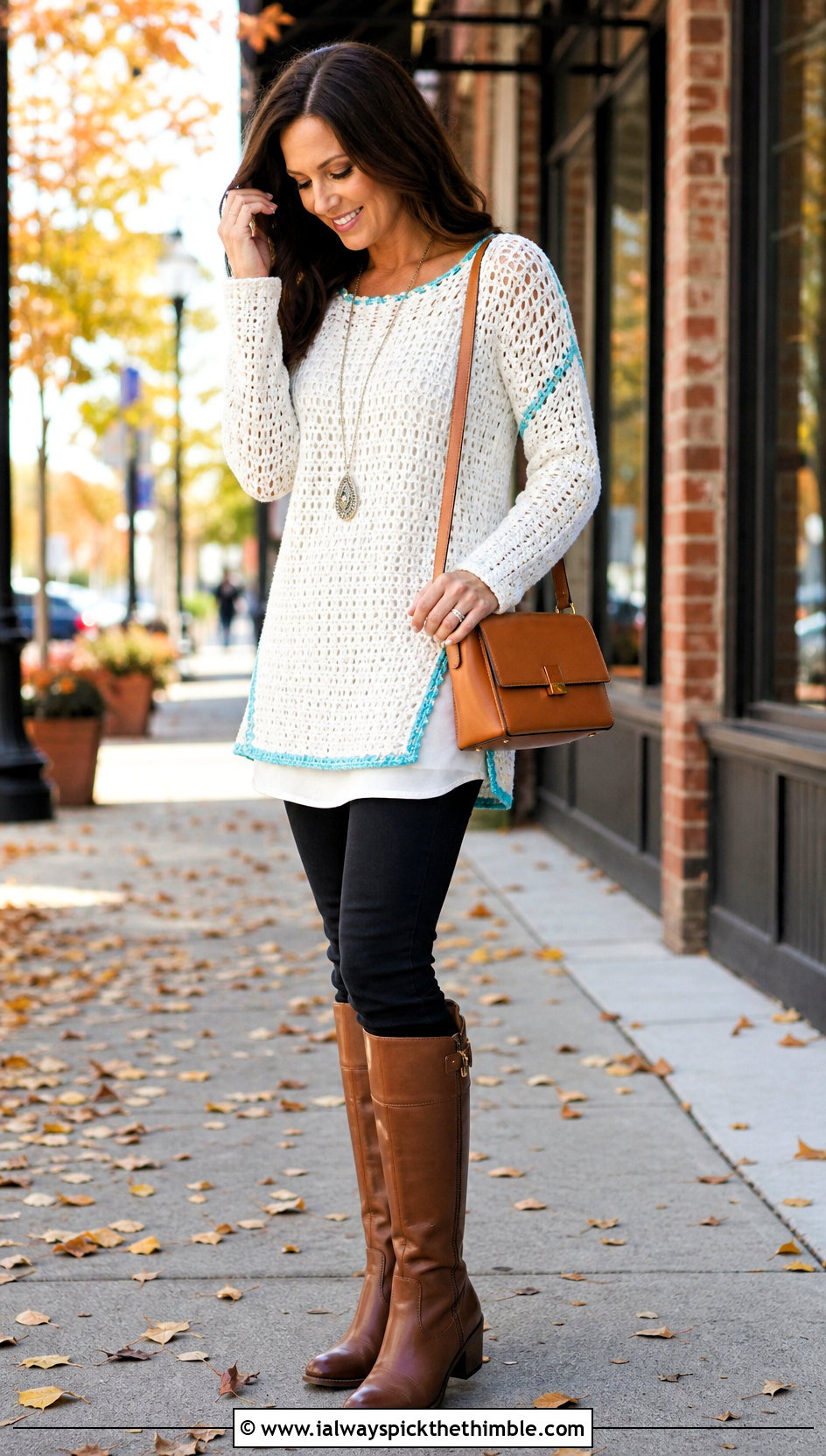 White Crochet Tunic Sweater With Slim Pants And Boots - 25 white crochet sweater outfit ideas