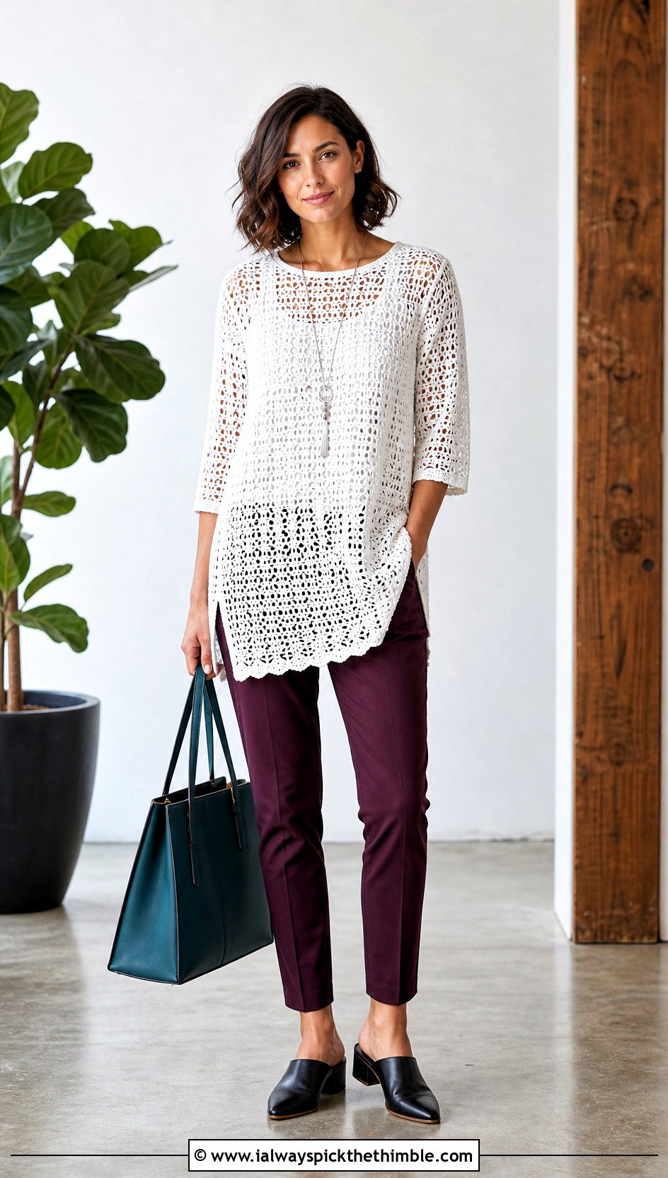 White Crochet Tunic Top With Slim Pants - 25 white crochet top outfit ideas