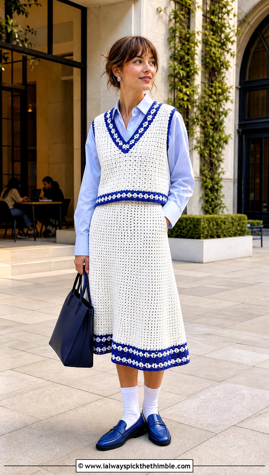 White Crochet Vest And A Line Skirt Set With Loafers - 15 white crochet skirt set outfit ideas